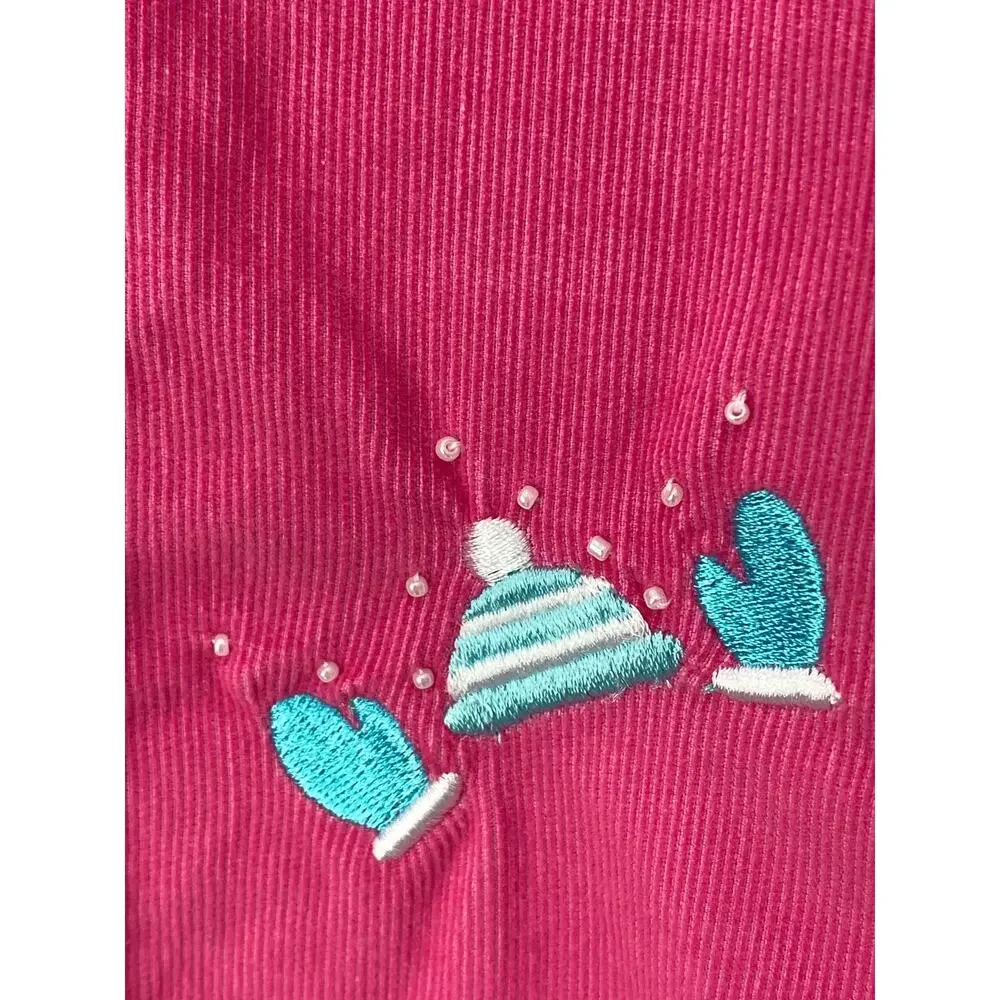 Quacker Factory Pink Corduroy Winter Shirt‎ Size XL Embellished Mittens Holiday